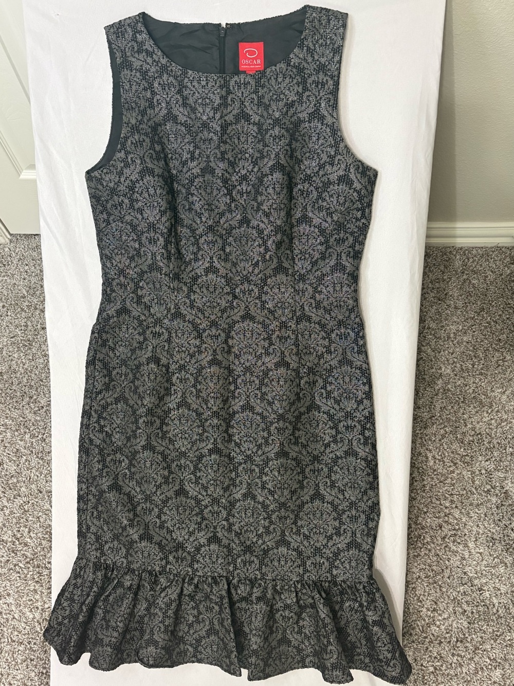 Oscar de la Renta Black Floral Jacquard Ruffle-Hem Dress